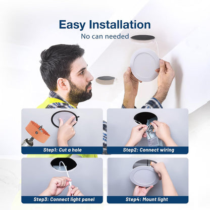 Amico 24 Pack 6 Inch LED Recessed Light with Junction Box, 5CCT, 1050LM 12W, 2700K-5000K, 5%-100% Dimmable, 120V, White, Metal Housing, Ultra-Thin Canless Wafer Downlight, ETL, FCC, IC & Damp Rated