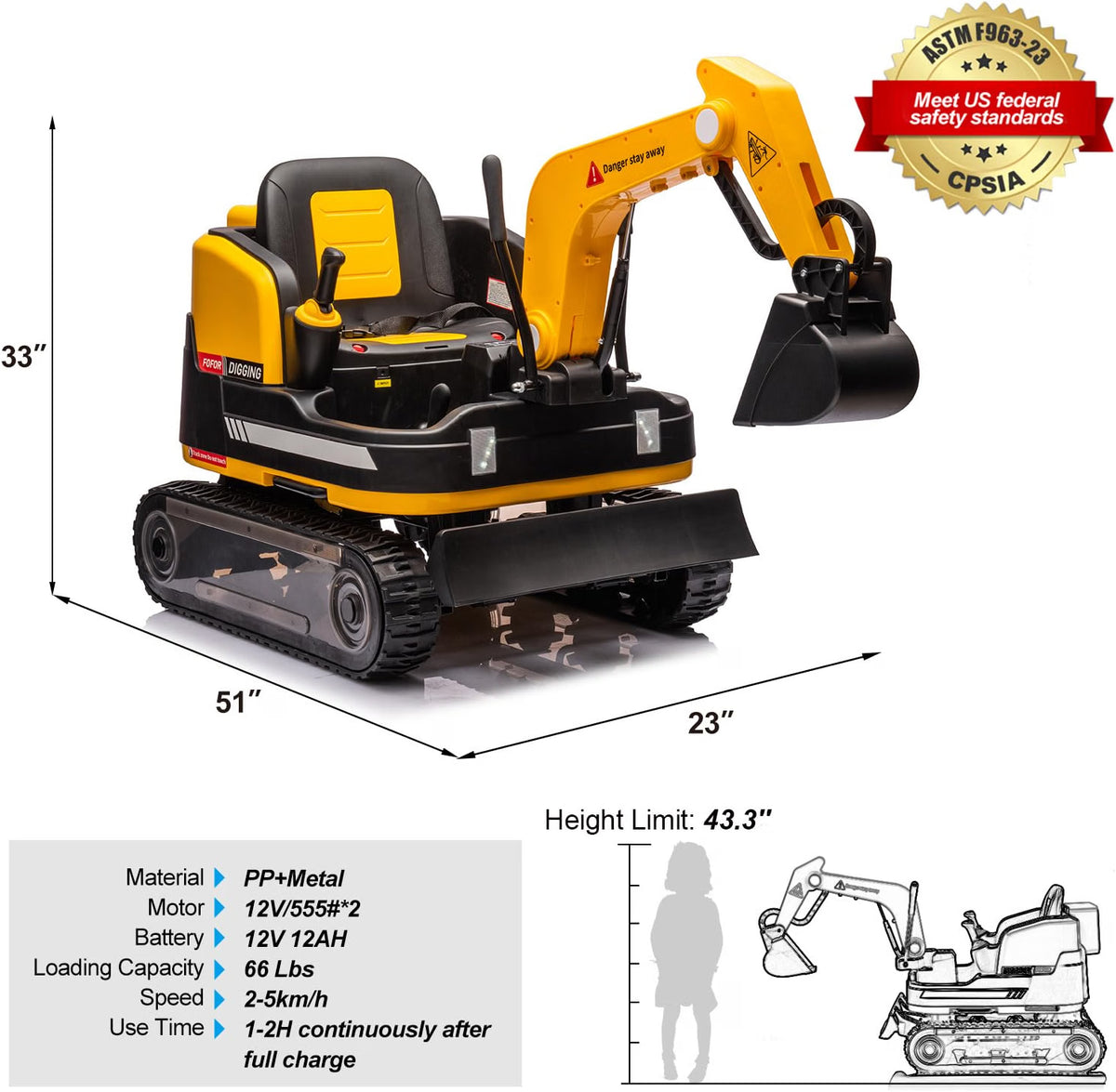 JOYLDIAS 2-in-1 Ride-On Excavator & Bulldozer, 12V Battery-Powered Kids Construction Vehicle with 360° Rotation, Parent Remote Control, Bluetooth, MP3 & Toolbox