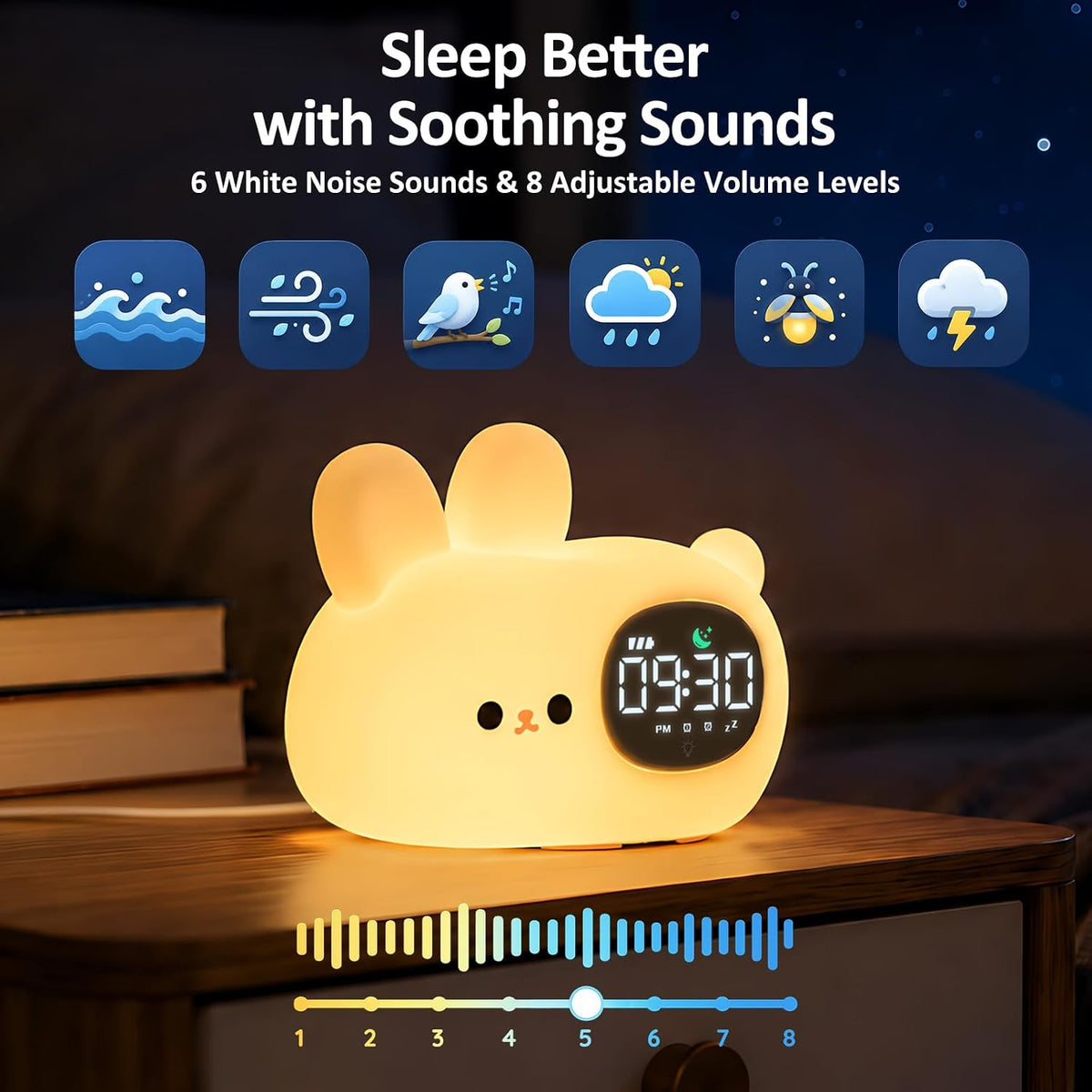Aokpsrt Bunny Kids Alarm Clock with Night Light, OK to Wake Toddler Sleep Training Clock, Dual Alarm, White Noise, Multicolor Night Light, White
