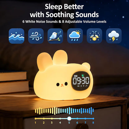 Aokpsrt Bunny Kids Alarm Clock with Night Light, OK to Wake Toddler Sleep Training Clock, Dual Alarm, White Noise, Multicolor Night Light, White