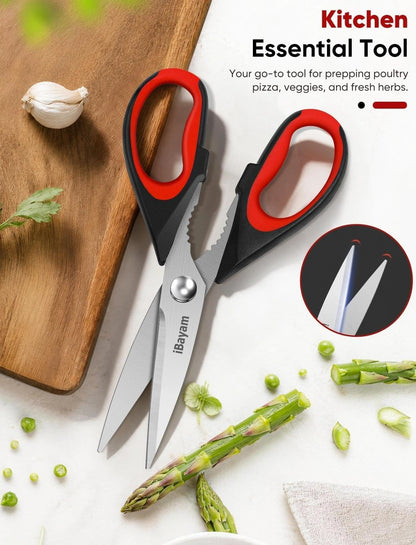 iBayam Kitchen Scissors Shears All Purpose Heavy Duty, Protective Sheath, 2-Pack, Ultra-Sharp Stainless Steel Blades, Soft Comfort-Grip, Dishwasher Safe, Cutting Food, Cooking, Meat & Poultry