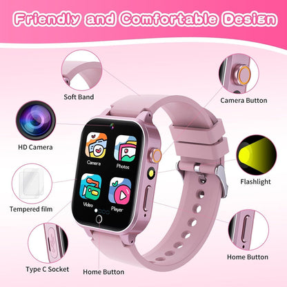 Cosjoype D07 Kids Smart Watch for Girls Ages 5-12, 39 Games, HD Touch Screen, Camera, Music Player, Pedometer, Flashlight, Habit Tracking, Pink