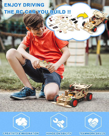 Poraxy STEM Kits for Kids Ages 8-13, Remote Control Car Building Kit with Wooden 3D Puzzle, 4WD Model Car Science Project Toy for Boys & Girls