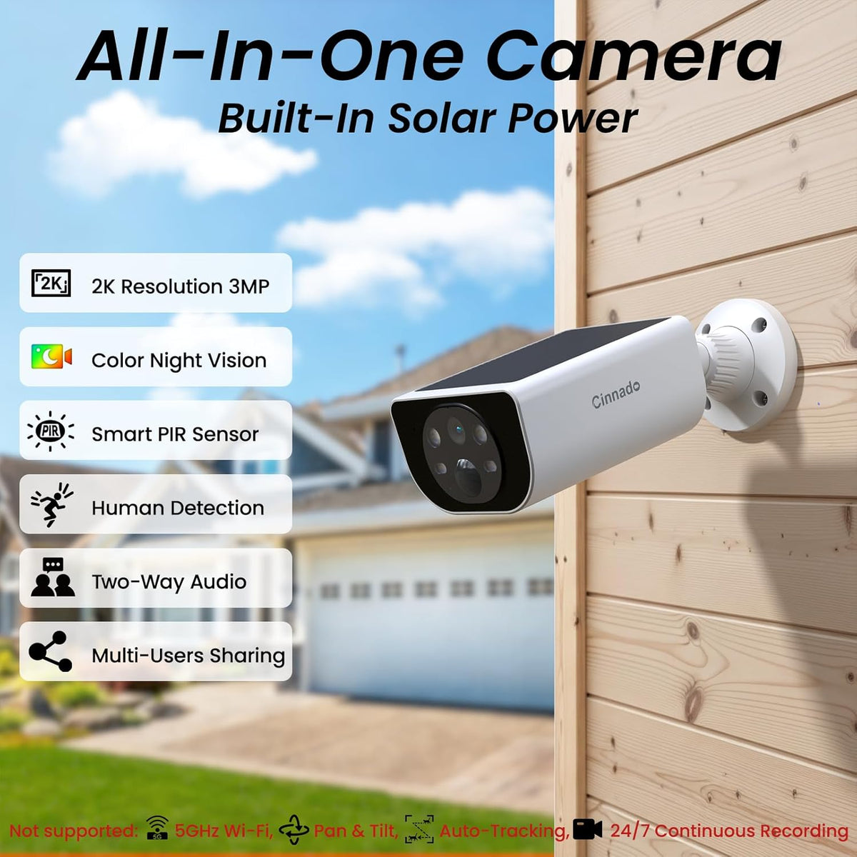Cinnado S1 4-Pack Solar Security Cameras, 2K Wireless Outdoor Cameras with Integrated Solar Panels, AI Human Detection, 360° Motion Tracking, Two-Way Audio, Color Night Vision, 2.4GHz Wi-Fi