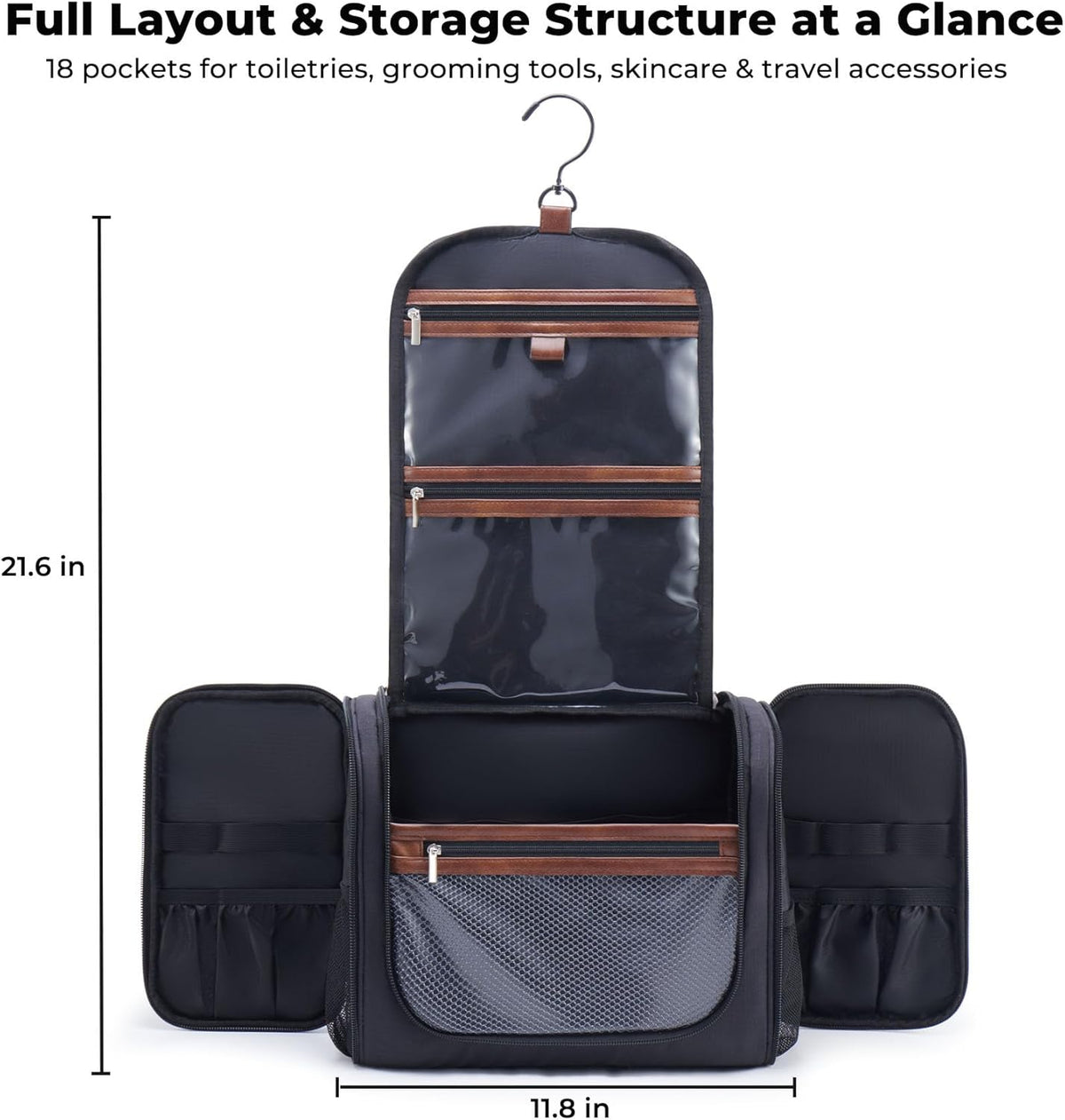 Ralnitote Toiletry Bag for Men, Large Hanging Travel Toiletry Bag, Black Shower & Hygiene Bag with Hook, Multiple Compartments for Shaving, Grooming & Bathroom Essentials, Ideal for Business & Trips