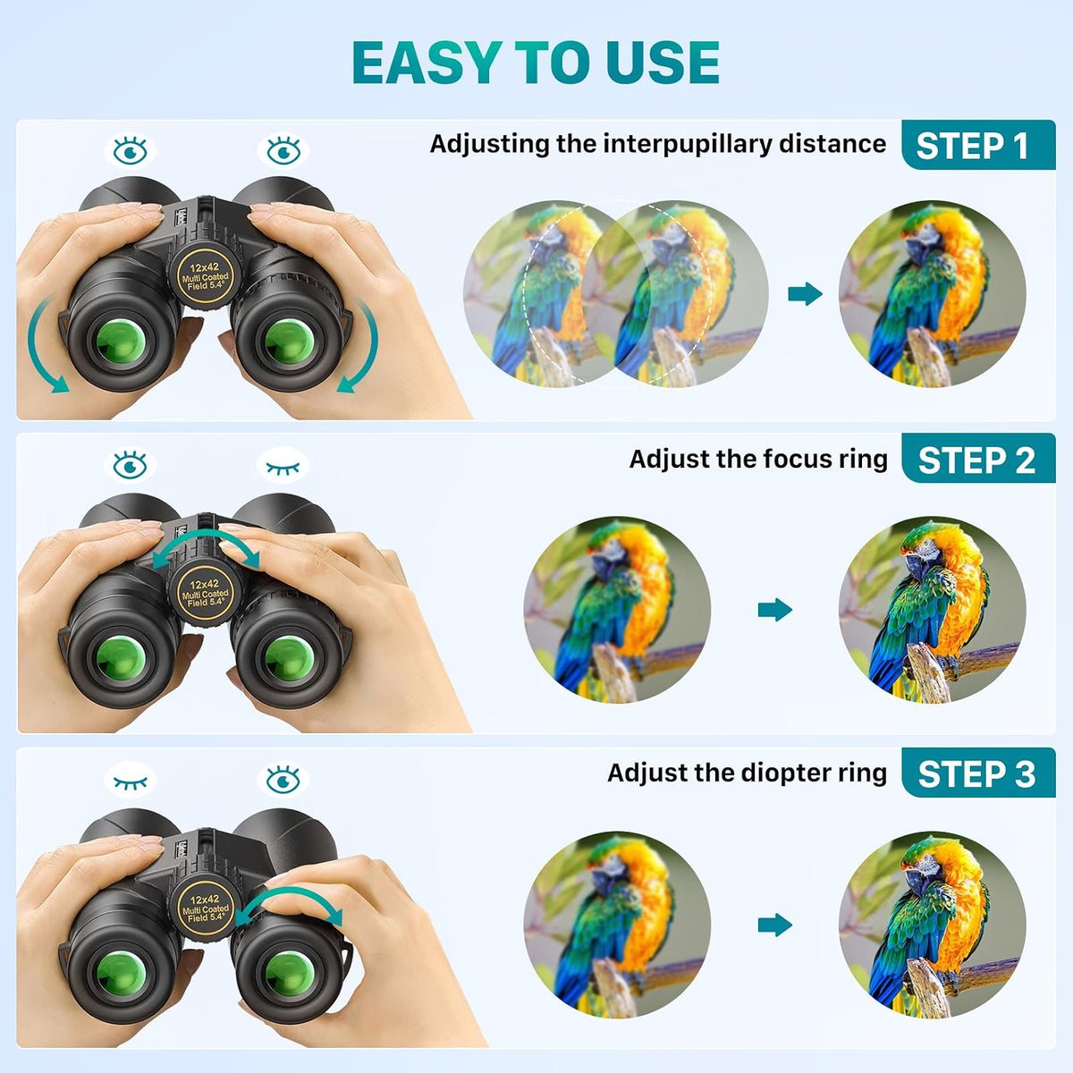 Kylietech 12x42 Binoculars, BAK4 Prism & FMC Multicoated Lens, Waterproof Fogproof Hunting Binoculars with Smartphone Adapter & Tripod Mount