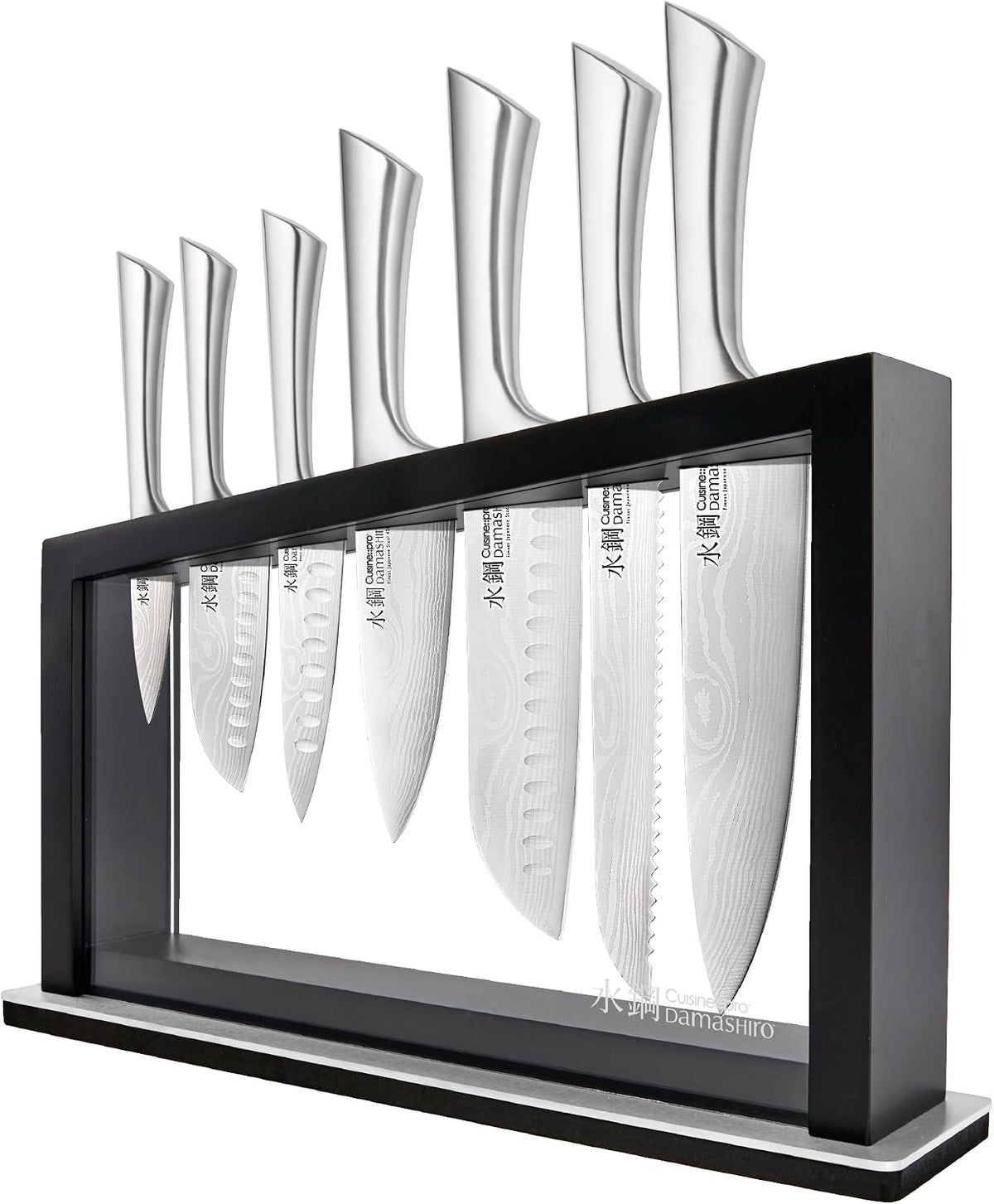 Cuisine::pro Damashiro Satori 8-Piece Japanese Steel Kitchen Knife Set Transparent Display Magnetic Block with Acacia Wood Chopping Board for Convenient Knife Storage and Everyday Food Preparation