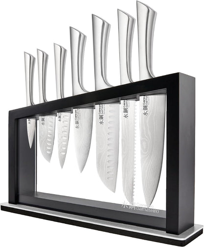 Cuisine::pro Damashiro Satori 8-Piece Japanese Steel Kitchen Knife Set Transparent Display Magnetic Block with Acacia Wood Chopping Board for Convenient Knife Storage and Everyday Food Preparation