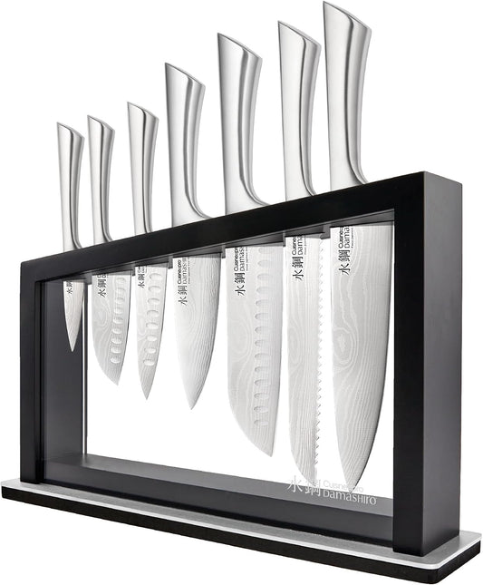 Cuisine::pro Damashiro Satori 8-Piece Japanese Steel Kitchen Knife Set Transparent Display Magnetic Block with Acacia Wood Chopping Board for Convenient Knife Storage and Everyday Food Preparation