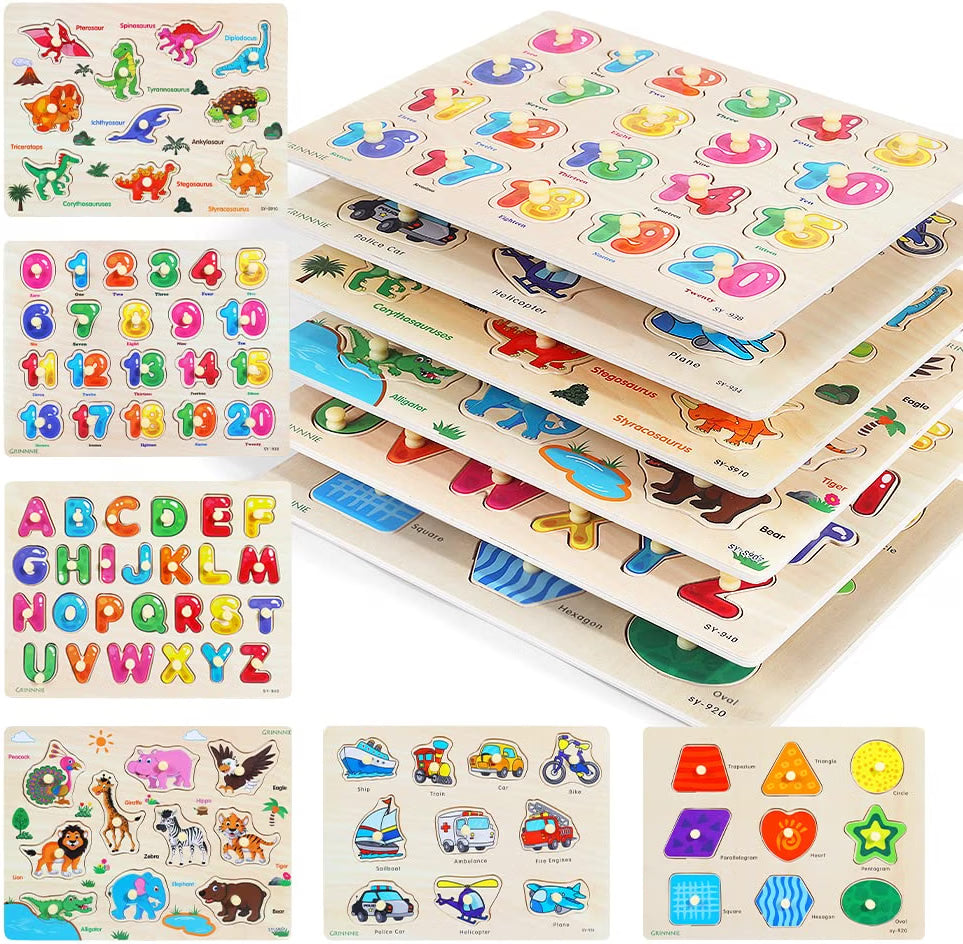 GRINNNIE Wooden Peg Puzzle Set for Toddlers, 6-Pack Montessori Learning Puzzles for Ages 3-5, Alphabet Number Shape Animal Dinosaur & Vehicle Educational Wooden Peg Puzzles