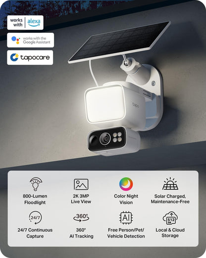 Tapo C615F KIT 2K Outdoor Pan/Tilt Wireless Floodlight Security Camera, 360° AI Tracking, Solar/Battery Powered, 800-Lumen Floodlight, Color Night Vision, IP65