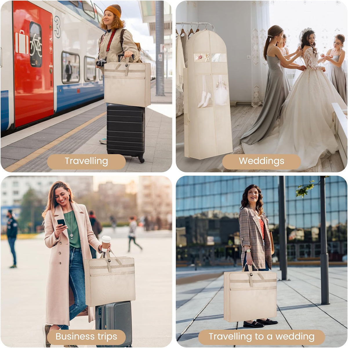 TANGKA Wedding Dress Garment Bag, 72-Inch Tri-Fold Bridal Gown Bag with 6 Pockets & 6 Accessory Pouches, Adjustable Buckle, Zippered Dress Storage Cover for Wedding, Prom & Travel, Beige