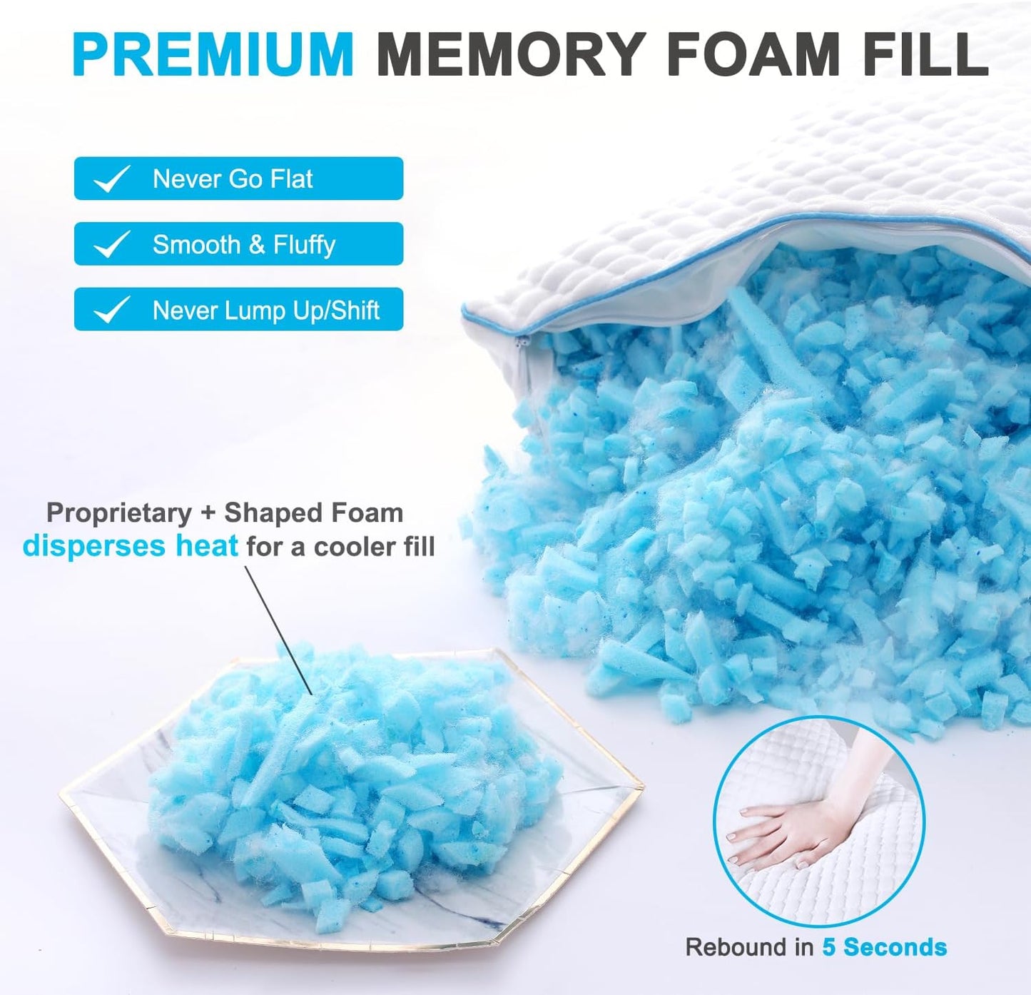 Cooling Shredded Memory Foam Bed Pillows, Queen Size, Set of 4, 20 x 30 in Adjustable Firm, Supportive, Breathable, Hypoallergenic, Odorless, Luxury, Cool Gel pillows for Side Back Stomach Sleepers