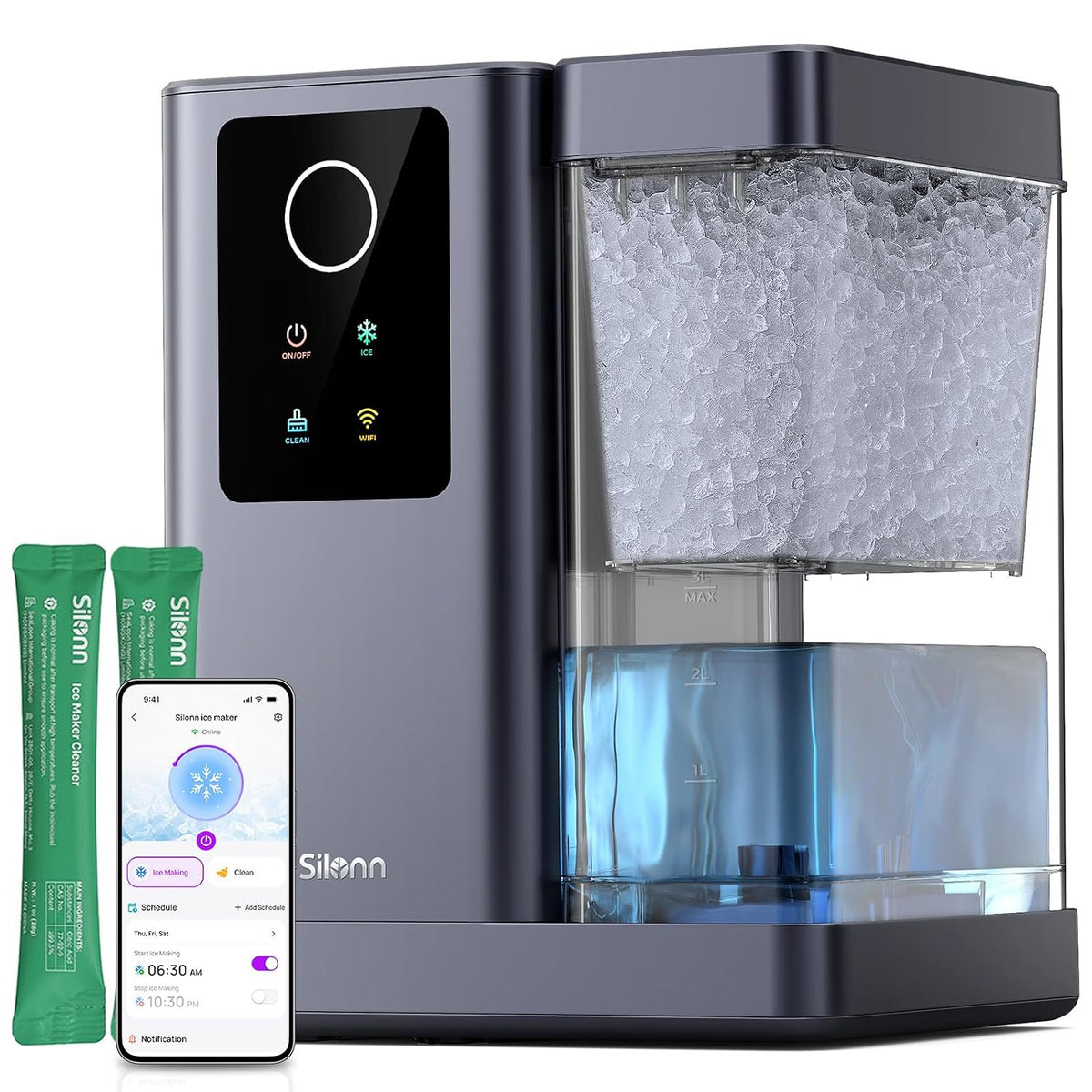 Silonn Nugget Ice Maker Countertop, Auto Drop Ice, Self Cleaning Ice Machine, 40 lbs/24H Soft Chewable Ice, Self Dispensing Nugget Ice Maker for Home, Kitchen and Party