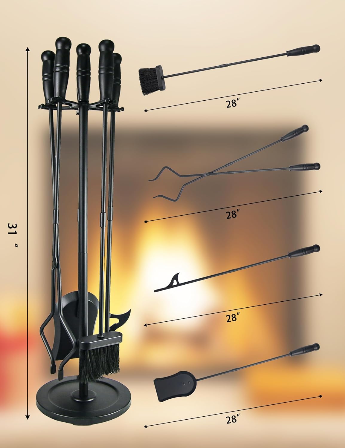 HyperionFlo Essentials 31.5-Inch 5-Piece Fireplace Tool Set with Stand