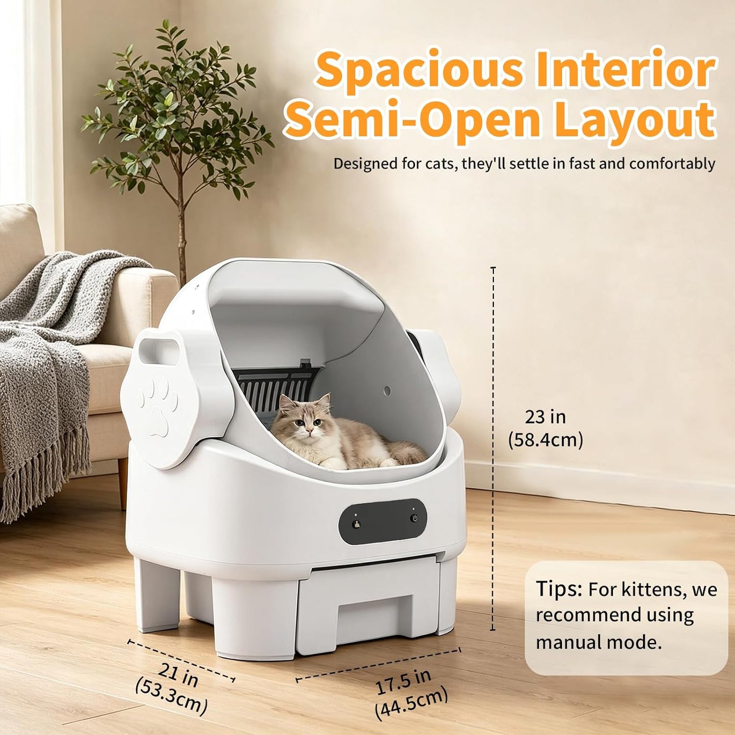 Self Cleaning Auto Litter Box Enclosure, Open-Top, Multiple Cats Safety Sensor Protection, Large Bin, Ultra Quiet, Easy Setup, Convenient Cleaning,Odor Control, Include Waste Bag, White