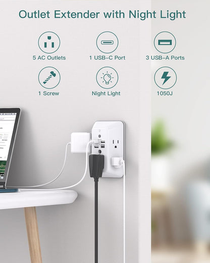 Addtam Surge Protector, 5 Outlet Extender with Night Light and 4 USB Ports