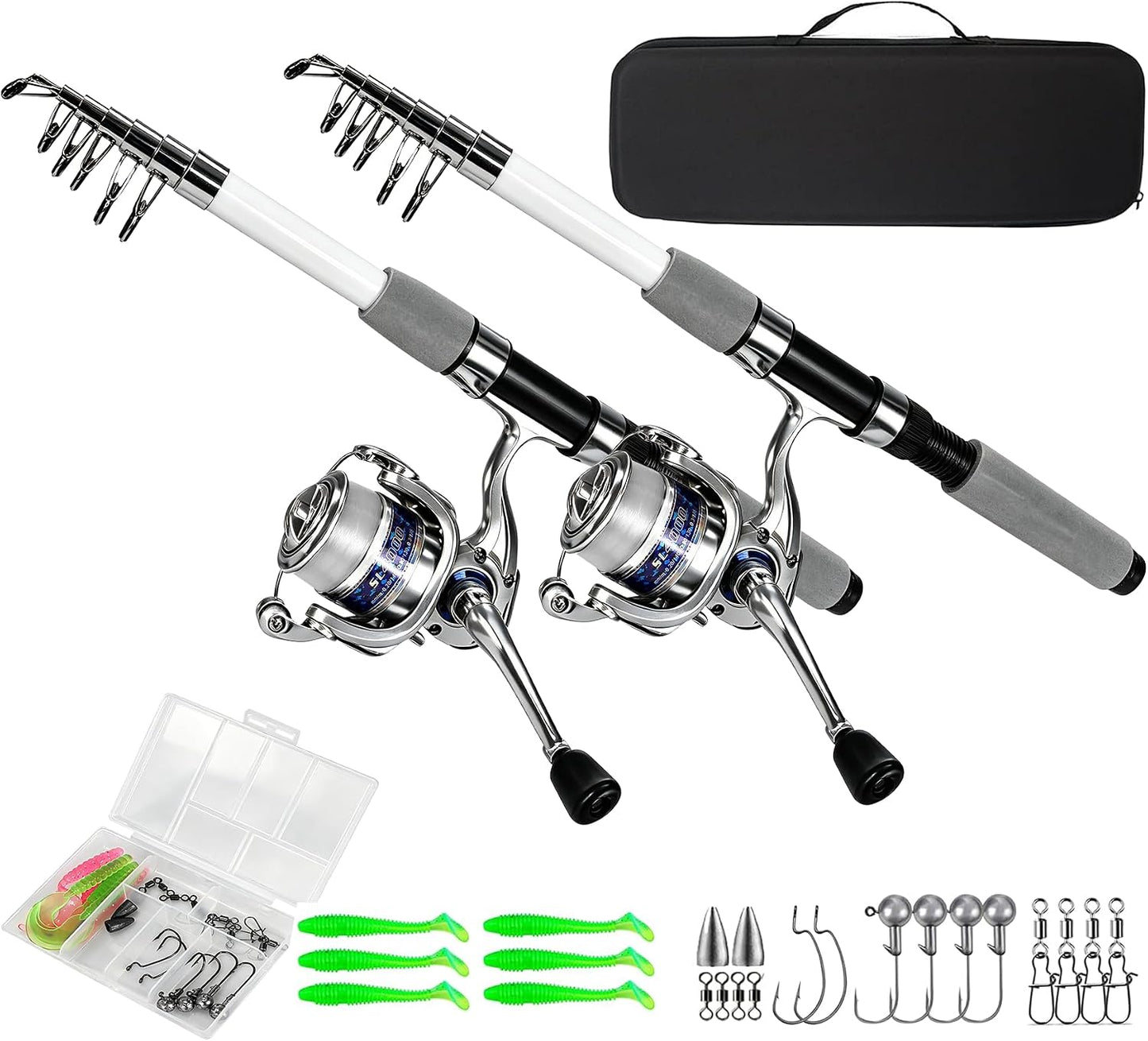MNCIRISETOU Fishing Rod and Reel Combos 2-Pack, 6.5FT Telescopic Fishing Poles with Size 2000 Spinning Reels, Pre-Spooled 10 lb & 15 lb Monofilament Line, Accessories & Carry Bag