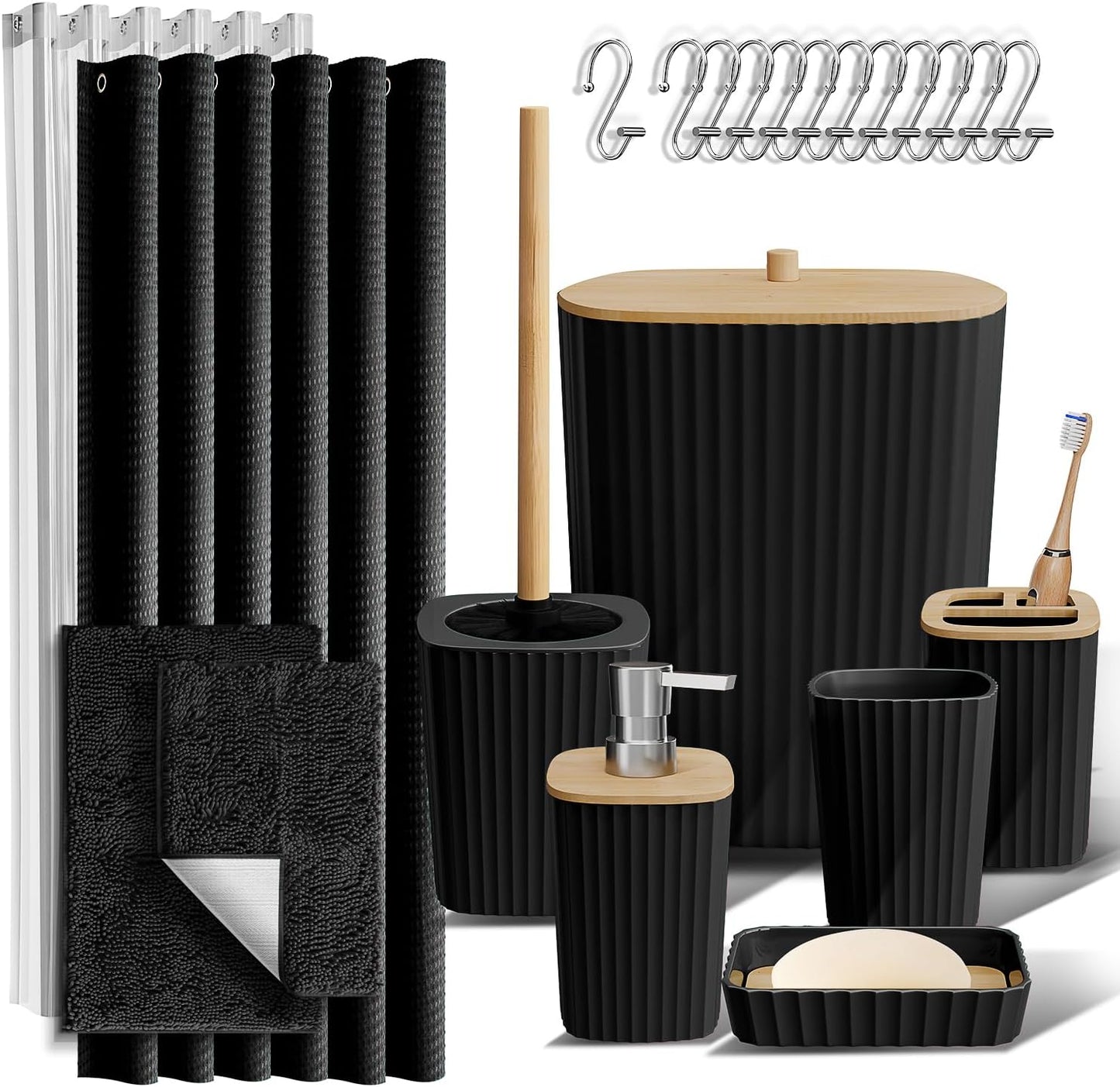 Clara Clark Black Bathroom Set, Shower Curtain Set, Bathroom Accessory Set