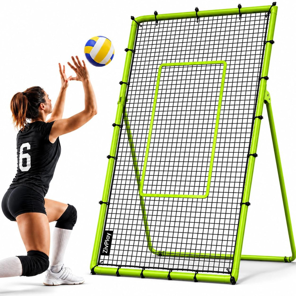 ZivPlay Volleyball Rebounder Net, 7 x 4 Ft Bounce Back Training Equipment with 5 Adjustable Angles, 28 Bungee Cords, Neon Target Strap & Ground Stakes