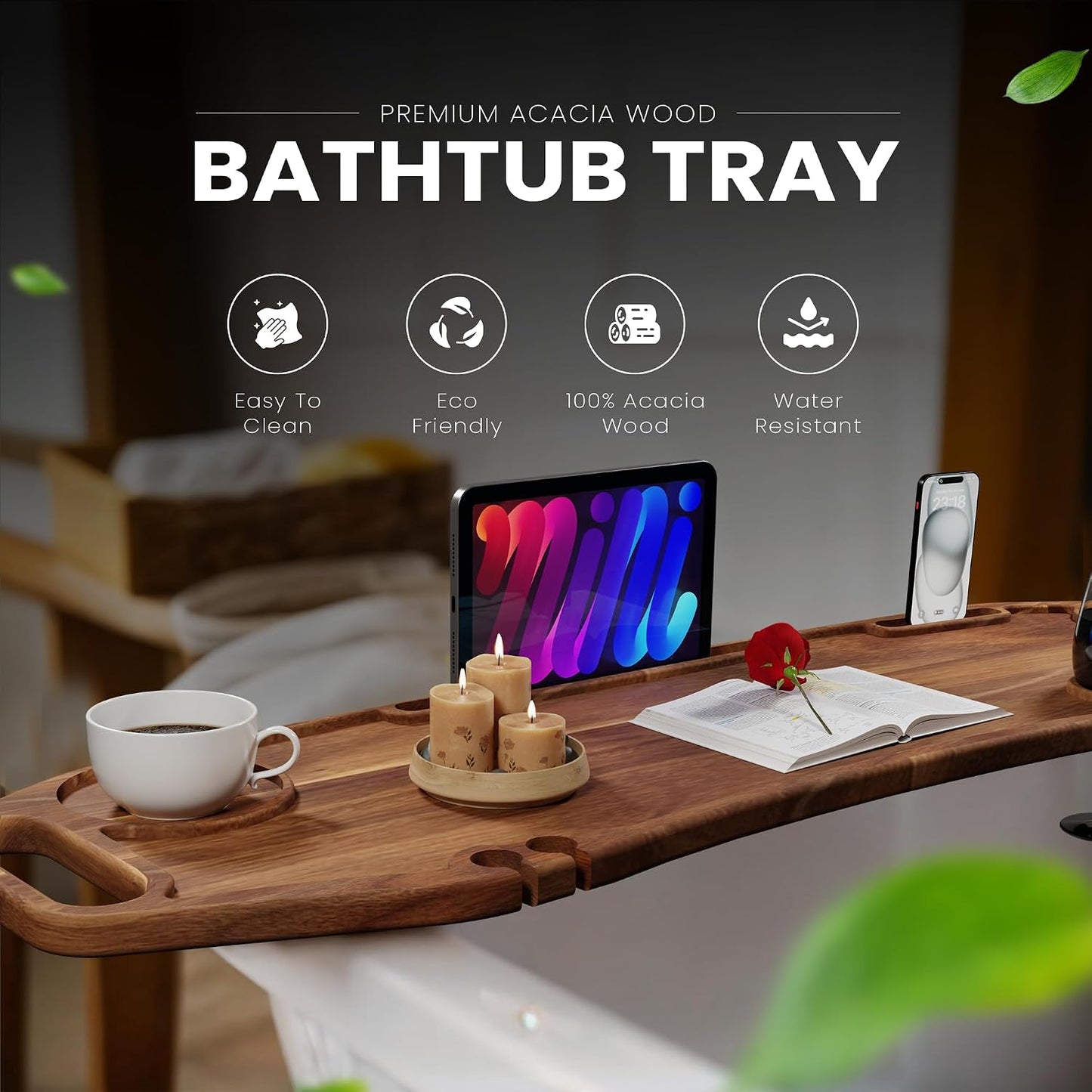 Lush & Style Premium Bathtub Tray Large 35x10 Inch, Acacia Wood Luxury, Waterproof, Non-Toxic, Adjustable Legs, No Tools Required,Caddy Tray,New Home Essenials Make sure to measure before 35 Inch Long