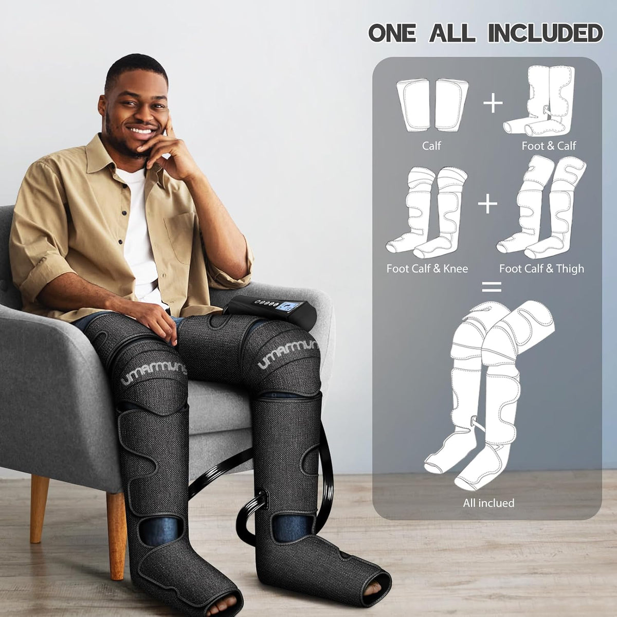 UMARMUNG Air Compression Leg Massager with Heat, Foot, Calf, Knee & Thigh Massage, 3 Pressure Modes, 3 Heat Levels, Adjustable Sleeves