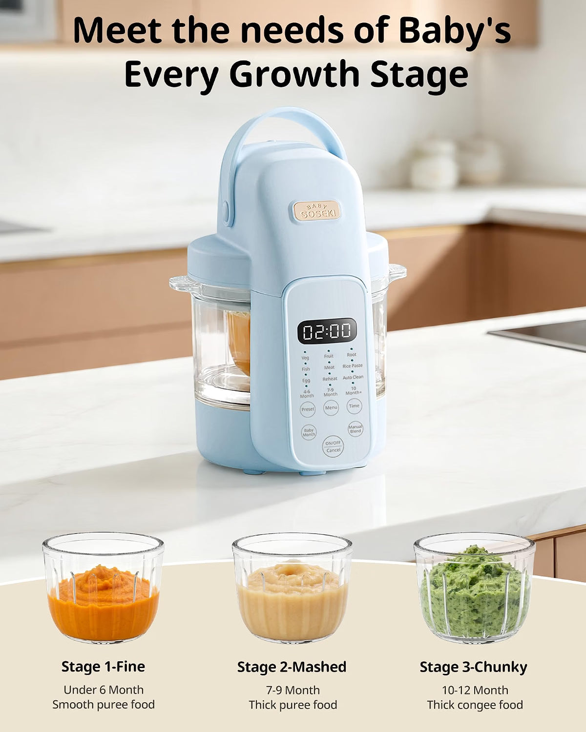 SosekiBaby Tutto Baby Food Maker with Glass Bowl, 9-in-1 Steam & Blend Baby Food Processor, 3 Texture Stages, 10 oz Capacity, Blue