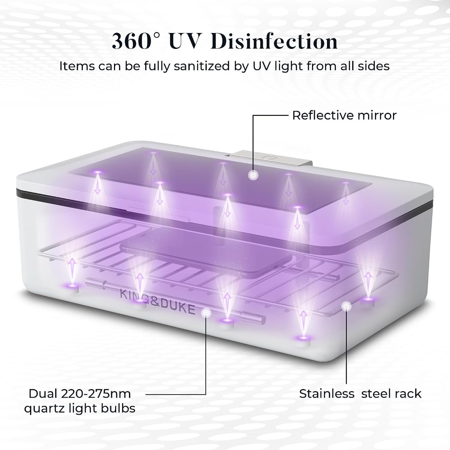 KING&DUKE Phone Sanitizer, UV Sanitizer Box with 360° UV-C Light, Portable UV Phone Sanitizer for Cell Phone, Keys, Glasses, Earphones – White