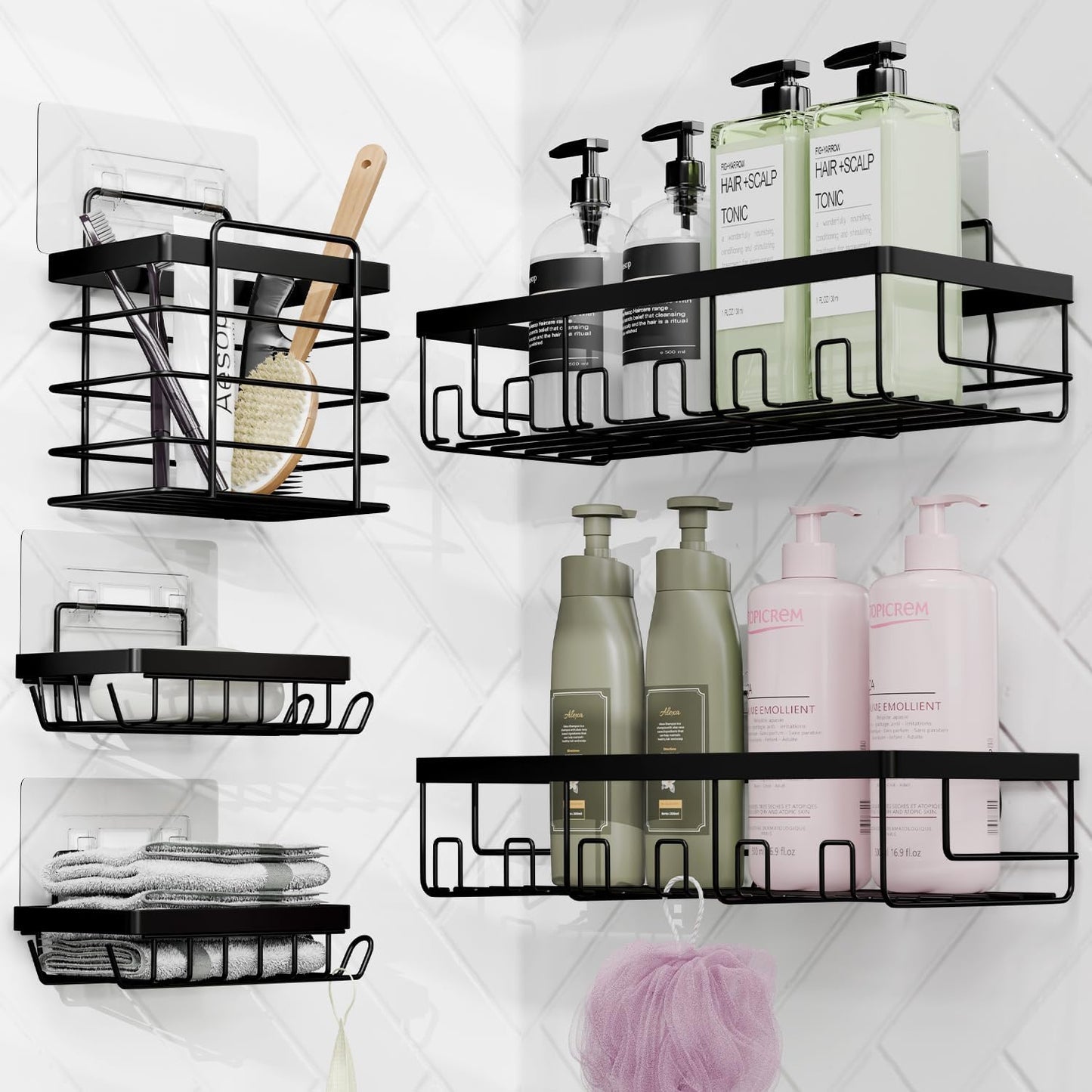 Clara Clark Bathroom Accessories Set - 27PC Bathroom Set with Adhesive Corner Shower Caddy Hanging, Bathroom Sets with Shower Curtain and Rugs, Sage Green Shower Curtain Set with Bathroom Trash Can