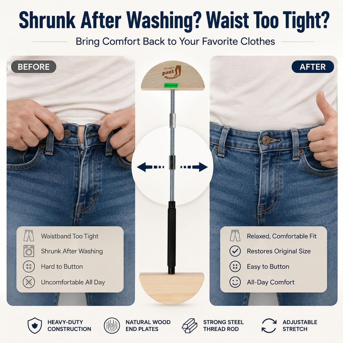 Tang's Heavy Duty Pant Stretcher for Jeans, Adjustable Waistband Stretcher 30 to 59 Inches, Solid Wood and Aluminum Alloy Waist Expander for Men and Women, Pants, Shorts and Skirts