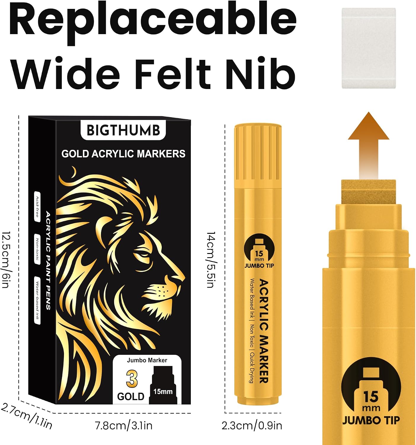 BIGTHUMB 3 Pcs Gold Jumbo Permanent Markers, 15mm Wide Tip Thick Acrylic Paint Pens, Large Calligraphy Markers for Rock Painting, Posters, Signs, Canvas, Glass, Wood & Ceramic