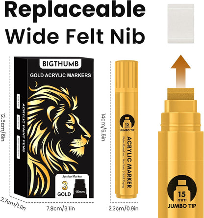 BIGTHUMB 3 Pcs Gold Jumbo Permanent Markers, 15mm Wide Tip Thick Acrylic Paint Pens, Large Calligraphy Markers for Rock Painting, Posters, Signs, Canvas, Glass, Wood & Ceramic