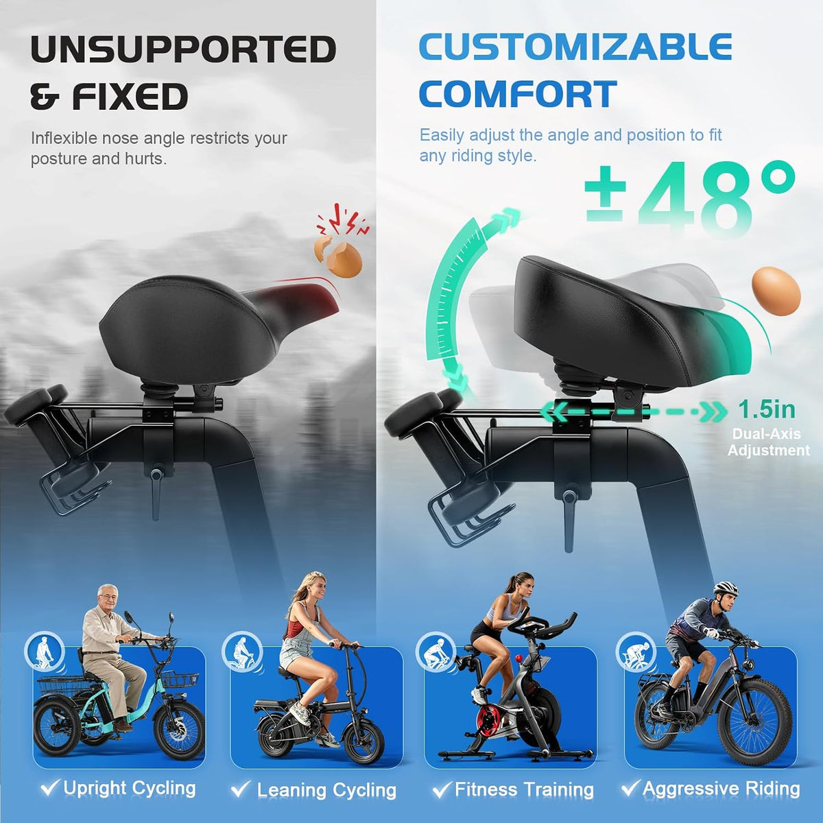 Twomaples Noseless Bike Seat Cushion for Men & Women, Extra-Wide Padded Bicycle Saddle with Memory Foam & Cooling Gel, Comfortable Seat for Exercise, Peloton, E-Bikes & Cruiser Bikes, Black