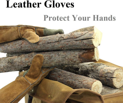 INNO STAGE Waxed Canvas Firewood Log Carrier with Gloves Extra Large Capacity, with Pocket, Waterproof, Heavy Duty, Wood Tote Bag Holder, for Fireplace, Wood Stove, Camping