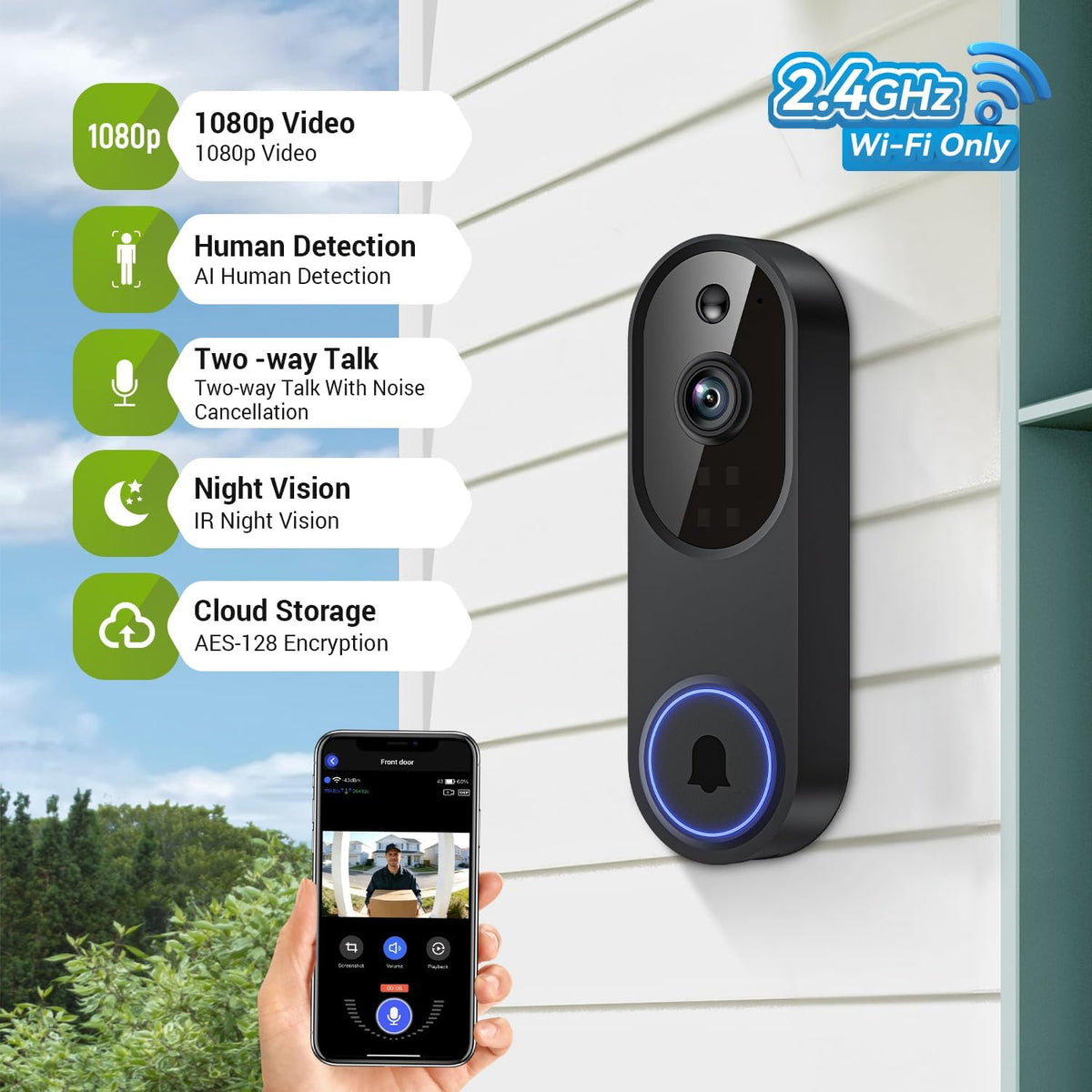 Lunelyx 1080P Wireless Video Doorbell Camera, AI Human Detection, Color Night Vision, 2-Way Audio, Motion Alerts, 2.4GHz Wi-Fi