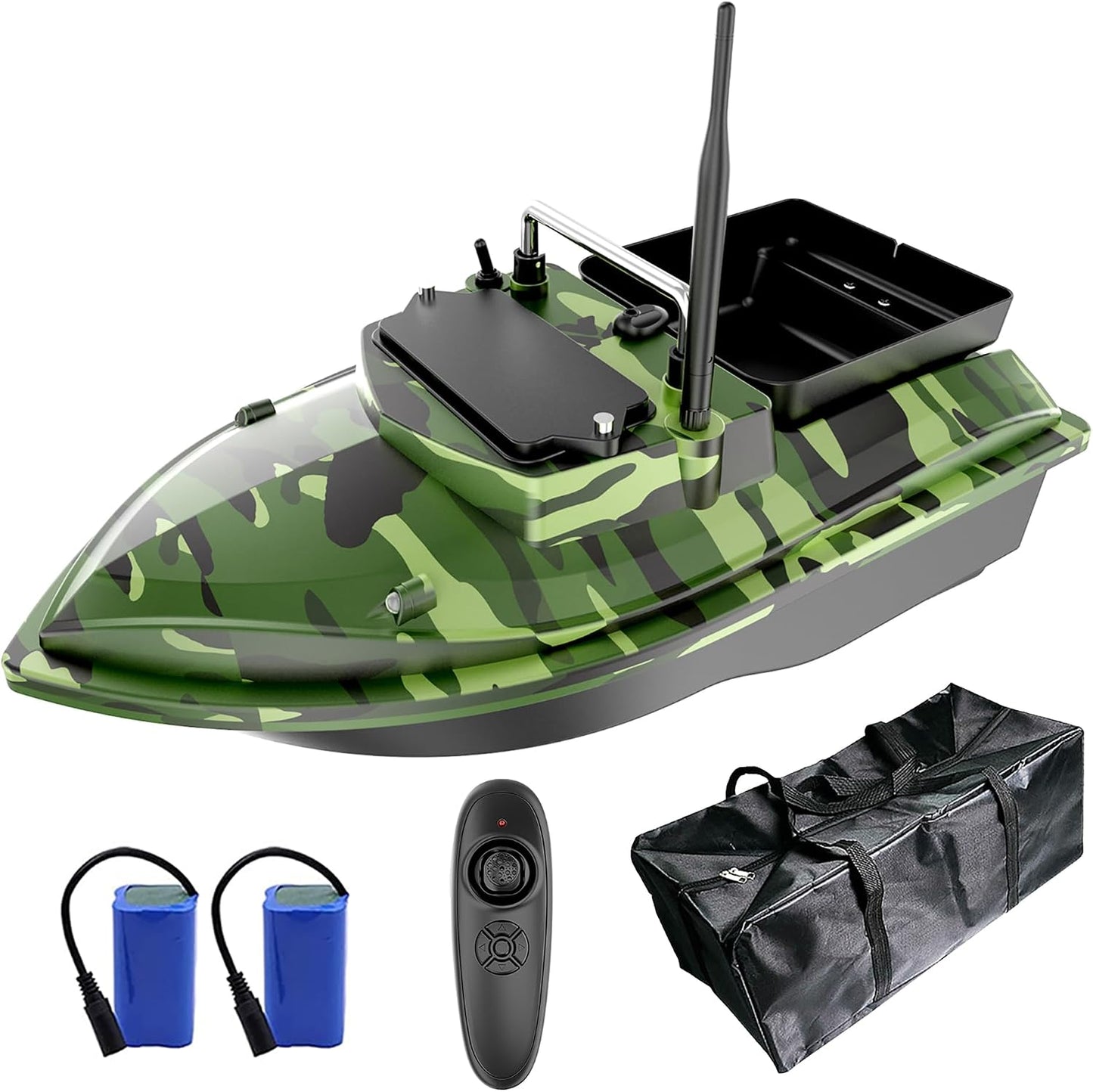 RC Bait Boat for Fishing, 4.4 lb Carp Fishing Boat with Dual Battery Power, Cruise Control, Low Battery Alarm, Dual Motors, LED Night Lights, Waterproof Hull, Camo Green