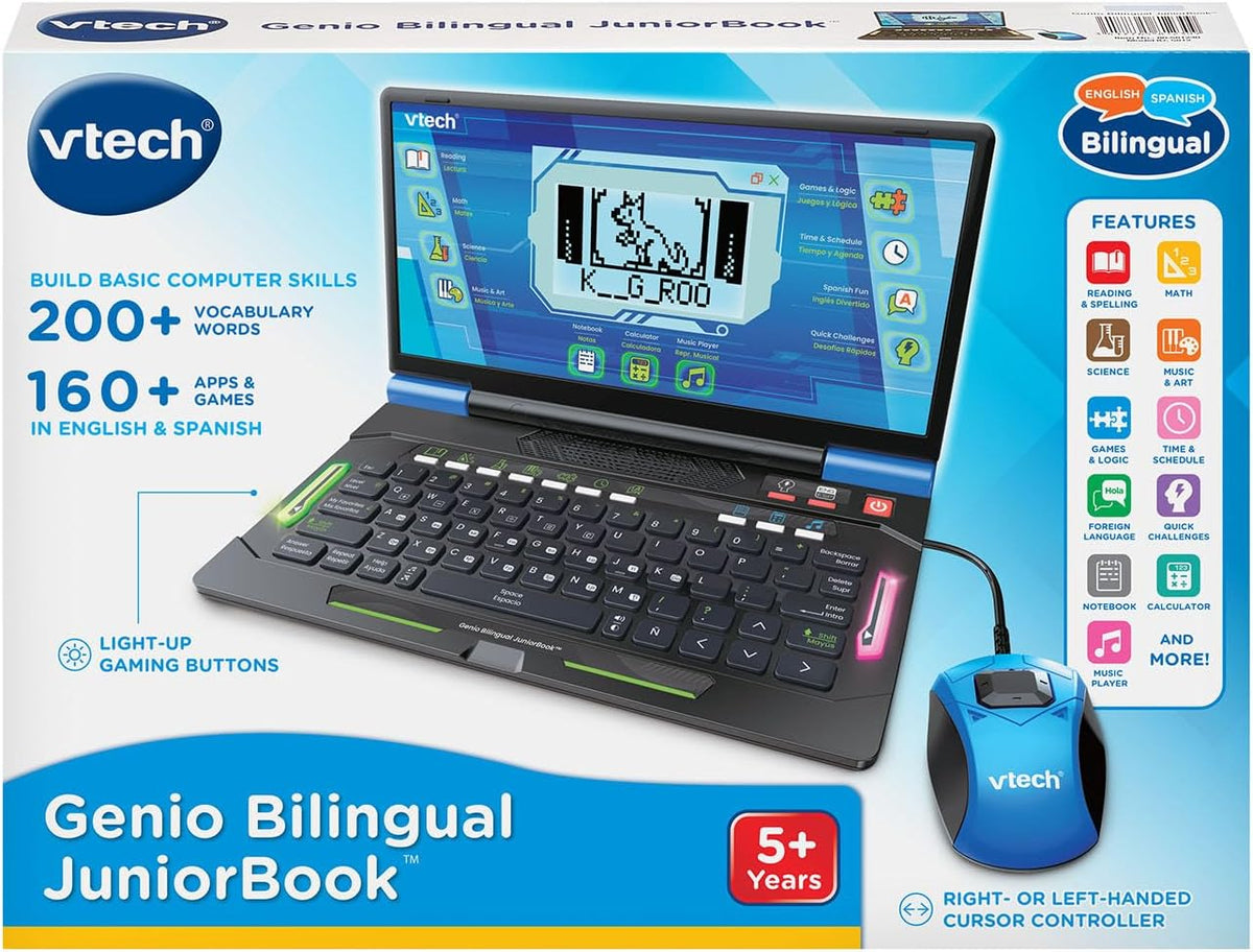 VTech Genio Bilingual JuniorBook Learning Laptop for Kids, Educational Laptop with 80+ Activities, English & Spanish, QWERTY Keyboard, Ages 5+, Blue