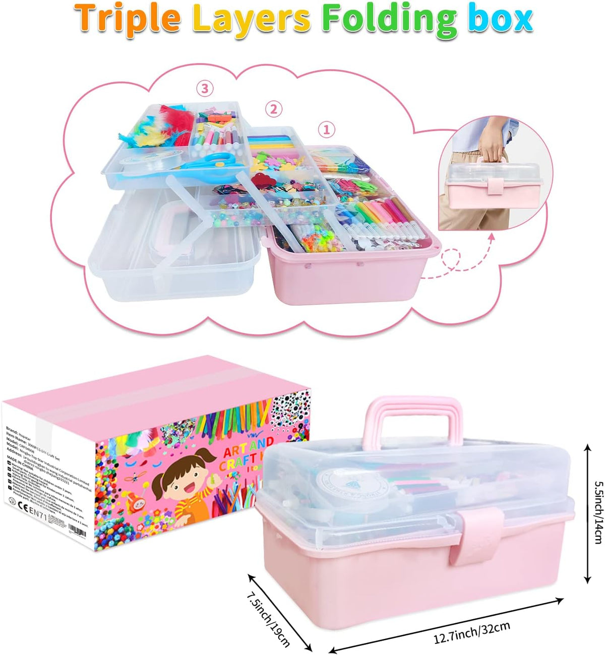Itopstar 3000-Piece Kids Arts and Crafts Supplies, 3-Layer Portable Craft Box with Pipe Cleaners, Pom Poms, Beads, Feathers, Craft Sticks & DIY Accessories, Pink