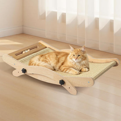 Cat Scratcher Bed, 19-Inch Large Sisal Cat Scratching Board, 3-in-1 Cat Scratcher Lounge with Hammock & Raised Perch, Ergonomic Curved Arch, Indoor Cat Furniture, Sisal Beige