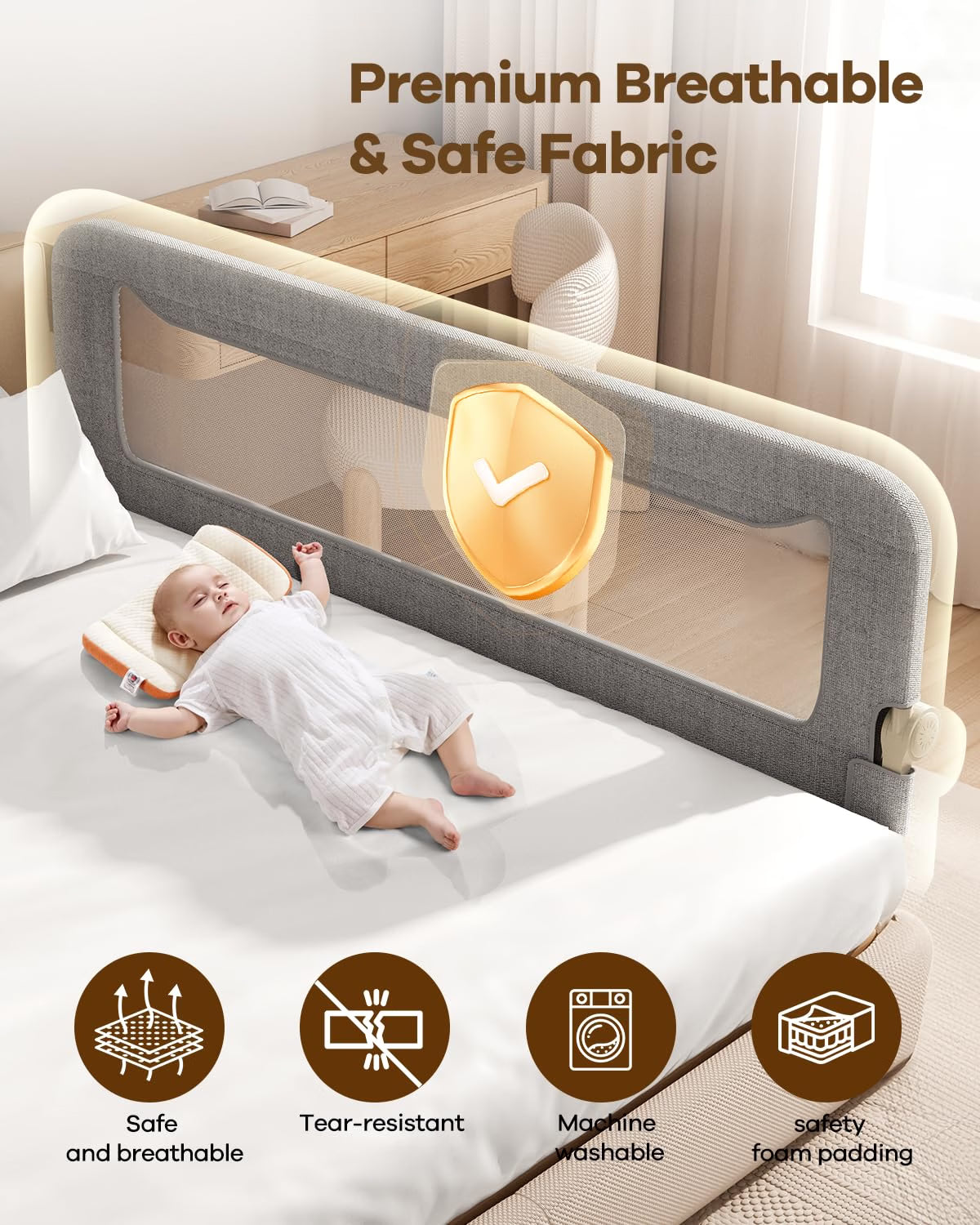 GrowthFun Foldable Bed Rail for Toddlers, 71-Inch Reinforced Carbon Steel Bed Guard with Breathable Oxford Mesh, Adjustable Safety Rail for Twin, Full, Queen & King Beds, Grey