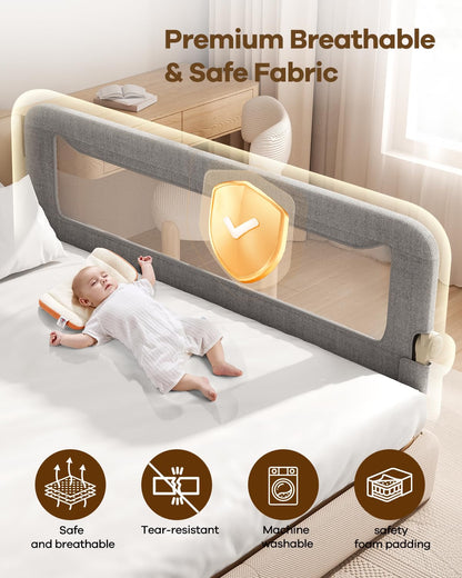 GrowthFun Foldable Bed Rail for Toddlers, 71-Inch Reinforced Carbon Steel Bed Guard with Breathable Oxford Mesh, Adjustable Safety Rail for Twin, Full, Queen & King Beds, Grey