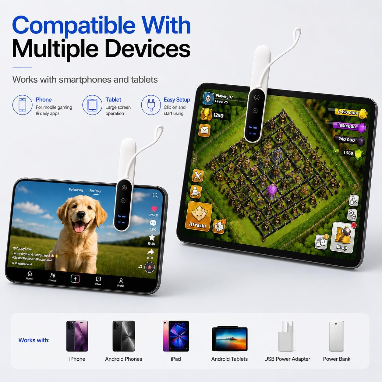 Clicker Automático con Cable 2 Unidades para iPhone iPad Android, Pulsador de Pantalla Silencioso USB con Cable, 2 unidades, pulsación silenciosa, pantalla digital de velocidad, clip ajustable, para teléfonos y tabletas