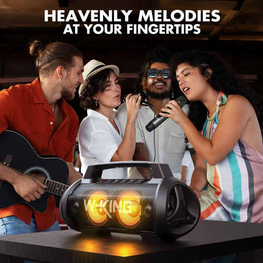 W-KING Portable Bluetooth Speaker with Wireless Microphone, Loud Karaoke 120W Peak 70W RMS Waterproof Outdoor Bluetooth Speakers, 110dB Bass Up, 42H/BT5.4/DSP/RGB, Stereo Pairing for Camping/Beach