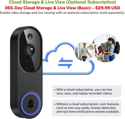Lunelyx 1080P Wireless Video Doorbell Camera, AI Human Detection, Color Night Vision, 2-Way Audio, Motion Alerts, 2.4GHz Wi-Fi