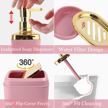 XLHOMO Bathroom Set - Pink and Gold Bathroom Accessories Set, Bathroom Sets with Shower Curtain and Rugs, Pink Shower Curtain Set with Bathroom Trash Can, Soap Dispenser, Soap Dish for Home Decor