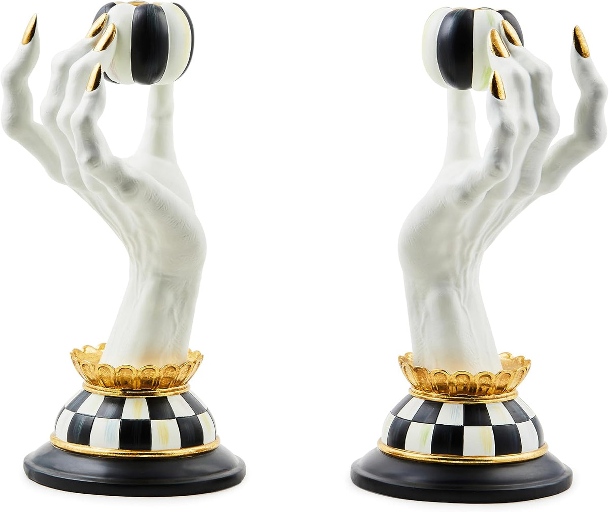 MACKENZIE-CHILDS Resin Haunted House Spooky Hand Candle Holder Set Hand-painted design, decorative fall and Halloween home decor, fits dinner candles, 5.25" W x 10" H, set of 2
