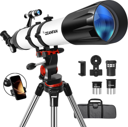 Dianfan 90mm Aperture 800mm Telescope, 32×–240× High-Powered Refractor Telescope for Adults & Beginners with Stainless Steel Tripod, Phone Adapter & Carry Bag