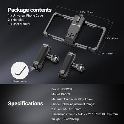 NEEWER Upgraded Phone Rig Vlogging Kit, Video Stabilizer with Dual Handle, Wireless Mic Clip Slot for TikTok YouTube, Compatible with SmallRig iPhone 17 Pro Max 16 16e 15 Galaxy S25 Ultra, PA009