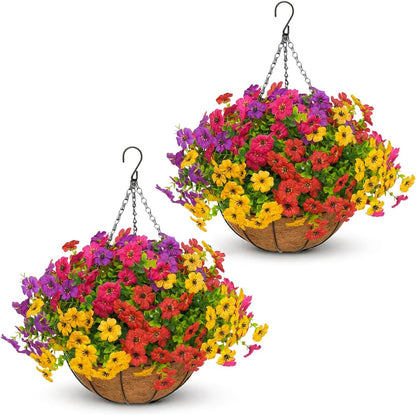2 Set Artificial Hanging Flowers with Baskets for Outdoor Decor