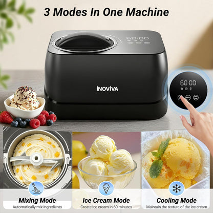 Inoviva Ice Cream Maker Automatic 1.7 Pt, No Pre-Freezing,Built-In Compressor, Digital Display & Timer,3 Presets, Makes ice cream, Gelato, Perfect for home & party, IM001